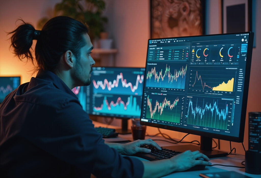 Home stock market trader analyzing charts